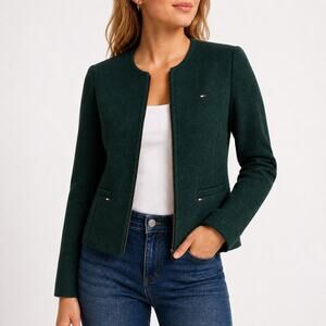 Tommy Hilfiger Dark Green Knit Jacket Blue Trim Button Front Sz 4 NWT